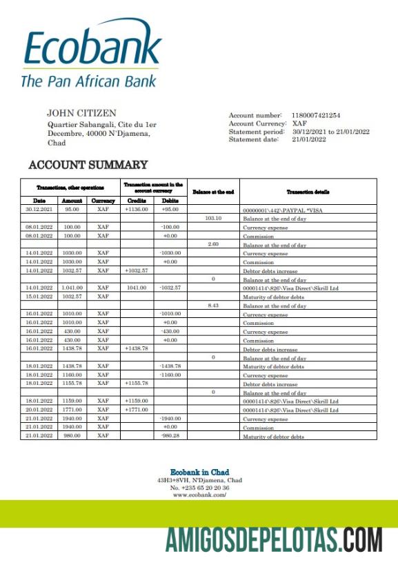 Chad Ecobank extrato bancário amostra